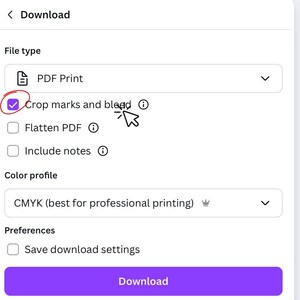 Canva download settings screen with crop marks and bleed option selected for printing birthday invitation