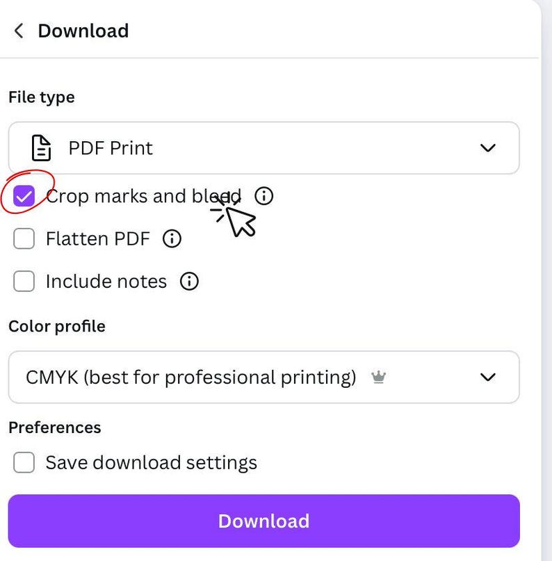 Canva download settings screen with crop marks and bleed option selected for printing birthday invitation