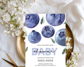 Blueberry Baby Shower Invitation: Watercolor Canva Template (Digital Download)