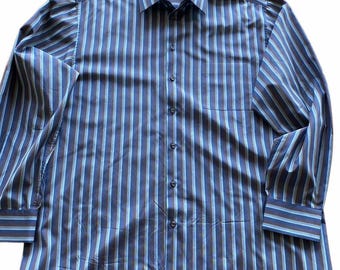 Camisa de vestir Alfani para hombre, de manga larga, 100 % seda, a rayas azules, talla 17.5 36/37