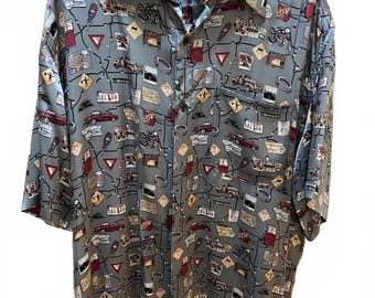 Road Signs Auto XL/2XL 90's Nicole Miller 100% silk shirt Aloha Hawaiian