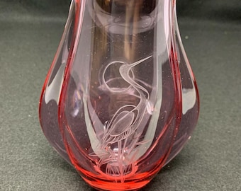 Zelezny Brod Sklo Vase Bohemia Glass Czechoslovakia Ruby Miloslav Etched Heron