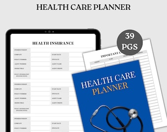 Op de afbeelding: Een blauwe Health Care Planner met een stethoscoopafbeelding, samen met een tablet met een zorgverzekeringsformulier. De afbeelding toont ook een pagina met de tekst "Important C" en een cirkel met "39 PGS". De tekst "Health Care Planner" staat bovenaan.