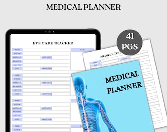 May include: A digital medical planner with an eye care tracker and medical test pages. The cover features a blue illustration of a human body and the words "MEDICAL PLANNER". The planner has 41 pages.