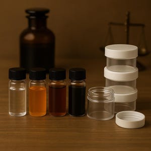 Op de afbeelding: Een verzameling kleine glazen flesjes met zwarte doppen, gevuld met heldere, amberkleurige, bruine en zwarte vloeistoffen. Er zijn ook transparante, stapelbare containers met witte deksels en een kleine, lege pot. Op een houten oppervlak.