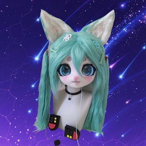 Furry Miku Head: Glowing Eyes, Miku Cosplay Mask Custom FurSuit Mask, Kemono Kigurumi FurSuit Mask, Fur Head, FurSuit Commission