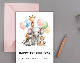 Afdrukbare verjaardagskaart| Kaart van de 1e verjaardag van safaridieren | Junglethema, jongen, zoon, neefje (digitale download)