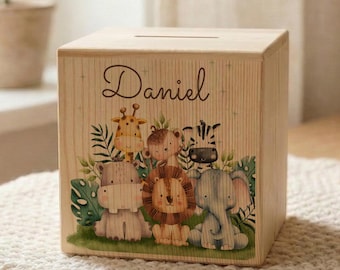 Salvadanaio personalizzato, salvadanaio con nome personalizzato, salvadanaio con animali della savana, regalo per baby shower, salvadanaio per bambini, regalo per la cameretta.