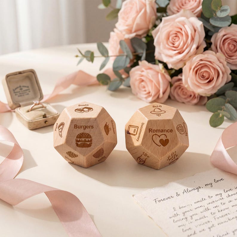 May include: Two wooden dice with engraved icons and text, including "Burgers" and "Romance." A ring box and a bouquet of pink roses are in the background. A handwritten note reads "Forever & Always, my love."
