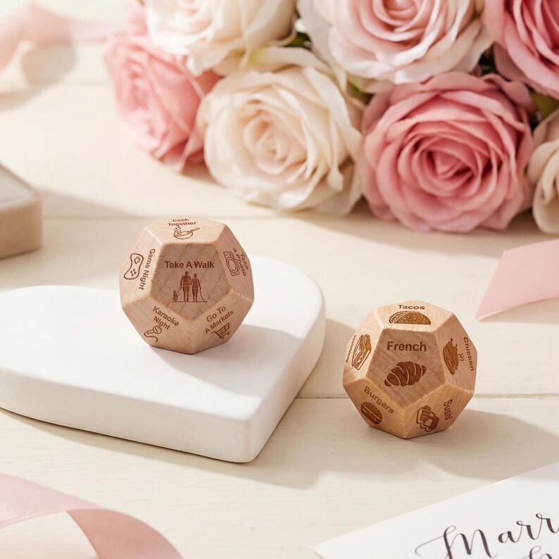 May include: Two wooden decahedrons with engraved text and images. One die has phrases like "Take a Walk" and "Karaoke Night." The other die features food options like "Tacos" and "French." Both are on a white heart-shaped surface.