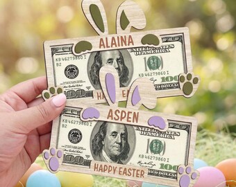 Easter Money Holder Personalized, Bunny Cash Holder for Kids, Easter Basket Stuffer, Custom Name Easter Gift, Wooden Bunny Money Holder