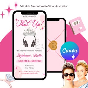 May include: A digital bachelorette party invitation on a smartphone screen. The design features a crown, headphones, and the text "Thut Up!" and "Stephanie Dottie." The invitation is set against a pink background with additional design elements.