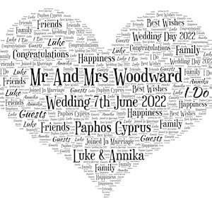 Wedding Day Print, Personalised Word Art, Gift for couple, Marriage Present, Wedding Anniversary, Custom Anniversary image 1