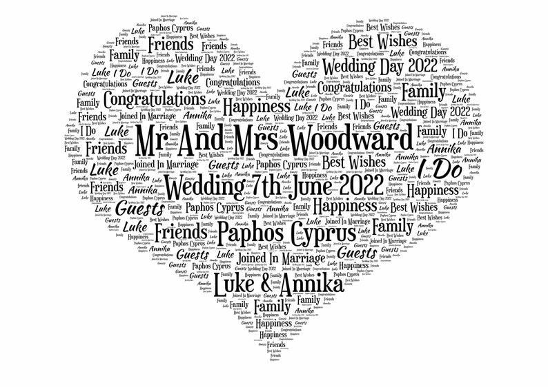 Wedding Day Print, Personalised Word Art, Gift for couple, Marriage Present, Wedding Anniversary, Custom Anniversary image 1