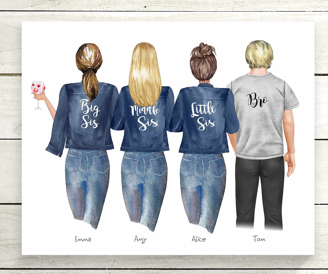 Personalised Custom Sisters and Brother Print,family Portrait, Birthday