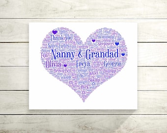 Personalised Love Heart Word Art Print - A4 Size, Unframed, Custom Names, Perfect Birthday/Family Gift