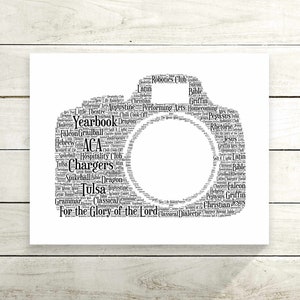 Camera personalised print, Custom word art, Photographer birthday gift, Christmas gift idea, gift for him, gift for her image 1