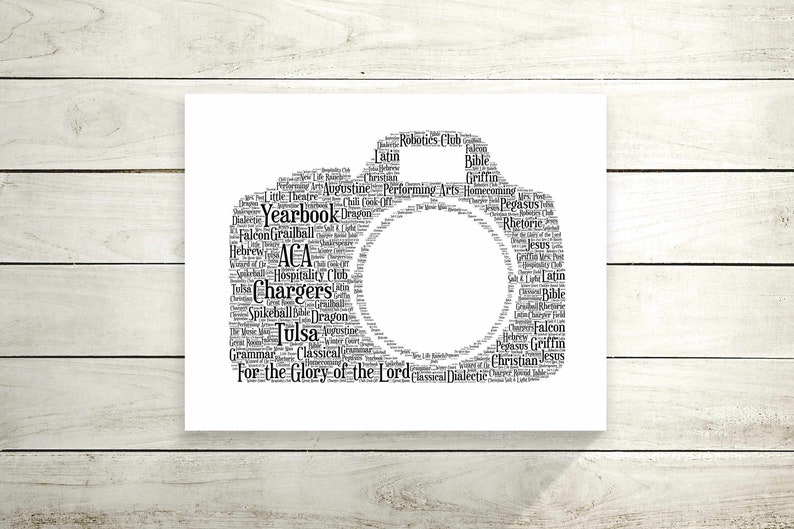 Camera personalised print, Custom word art, Photographer birthday gift, Christmas gift idea, gift for him, gift for her image 1