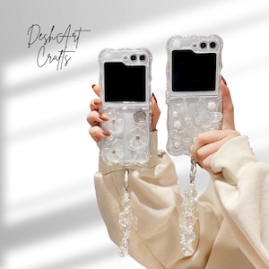 Cute 3D Flower Butterfly Phone Case for Samsung Galaxy Z Flip 7 6 5 4 3 Shockproof Wave Cover with Pearl Beaded Lanyard
