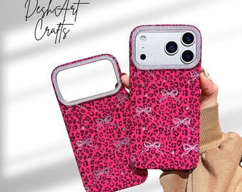 Cute Rose Leopard Print Glossy Glitter Bow Phone Case for iPhone 17 16 15 14 Pro Max Girly Shockproof Protective Cover