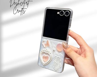 Cute 3D Love Heart Butterfly Pearl Phone Case with Chain for Samsung Galaxy Z Flip 7 6 5 4 3 FE Kawaii Glitter Shockproof Cover