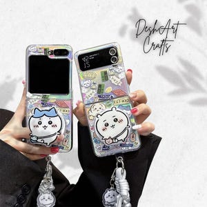 Niedliche Cartoon Katze Farbverlauf Farbwechsel Handy Hülle für Samsung Galaxy Z Flip 7 6 5 4 3 Seil Gurt 3D Katze Halter Anhänger Abdeckung