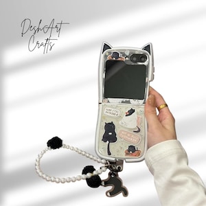 Kawaii 3D Cartoon Cat Phone Case with Chain for Samsung Galaxy Z Flip 3 4 5 6 7 Cute Shockproof Protective Cover
