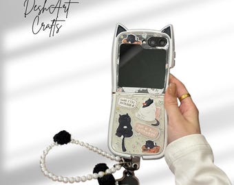 Kawaii 3D Cartoon Cat Phone Case with Chain for Samsung Galaxy Z Flip 3 4 5 6 7 Cute Shockproof Protective Cover