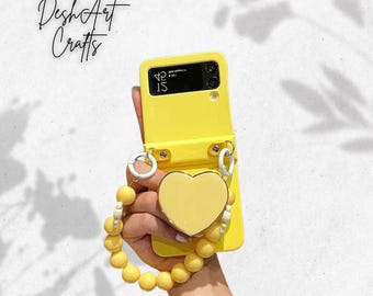 Cute Plain 3D Kawaii Love Heart Holder Phone Case for Samsung Galaxy Z Flip 7 6 5 4 3 with Pearl Wrist Strap
