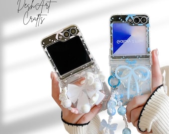 Cute 3D Bow Pearl Kawaii Chain Stand Phone Case for Samsung Galaxy Z Flip 7 FE 6 5 4 3 Full Coverage Cover