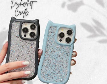 3D Cute Cat Ear Glitter Phone Case for iPhone 16 Plus 15 14 13 12 11 Pro Max Sparkly Cover Shockproof Bumper