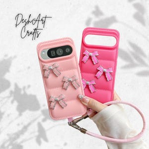 Cute 3D Bowknot Ribbon Phone Case with Leather Strap 3D Flower for Google Pixel 9 Pro 9A 8 7 6 5 4 Pro Pro 8A 7A 6A 5A 5 4 4A 3A XL