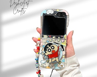 Kawaii Cartoon Shin-Chan Anime Phone Case with Lanyard & Magnetic Stand for Samsung Galaxy Z Flip 3 4 5 6 7 – Shockproof Cover