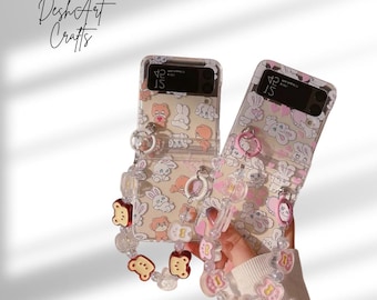 Cute Cartoon Bunny Bear Phone Case with Lanyard for Samsung Galaxy Z Flip 3 4 5 6 7 Korean Style Hard Cover