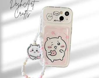 Cute Cartoon Anime Chiikawa Card Wallet Phone Case with Lanyard for iPhone 16 15 14 13 12 11 Pro Max Anti-Slip Cover
