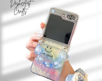 Custodia per telefono con motivo a fiore arcobaleno lucido e sorridente, per Samsung Galaxy Z Flip 7 FE 6 5 4 3, con catena kawaii, antiurto e copertura totale