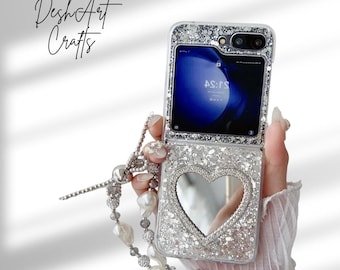 Custodia a specchio con cuore scintillante e glitter per Samsung Galaxy Z Flip 7 6 5 4 3, custodia antiurto per telefono con catena e bracciale di perle lucide