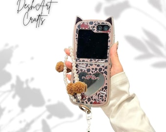 3D Cat Ears Butterfly Flower Leopard Skin Heart Mirror Phone Case for Samsung Galaxy Z Flip 7 6 5 4 3 Cover with Lanyard