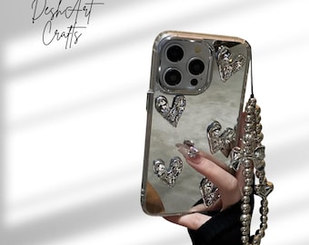 Cute Korean 3D Love Mirror Plating Heart Bracelet Phone Case for iPhone 16 15 14 Plus 13 12 11 Pro Max Silver Cover