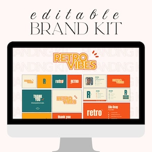 May include: A computer monitor displays a brand kit design with the text "editable BRAND KIT". The design features a retro color scheme with orange, teal, and cream elements. The words "retro vibes" are prominently displayed, along with various branding elements.