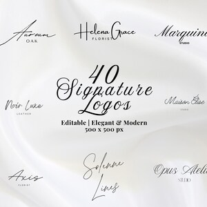 Peut inclure: Image présentant 40 logos de signature dans diverses polices élégantes et modernes. Le texte indique "Editable | Elegant & Modern" et les dimensions sont de 500 x 500 px. L'arrière-plan est blanc.