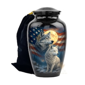 Wolf Cremation Urn: American Flag & Moon, Adult Size, Aluminum