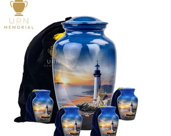 Lighthouse Cremation Urn Set: Coastal Ocean Sunset Memorial (Keepsake Set of 4 CA