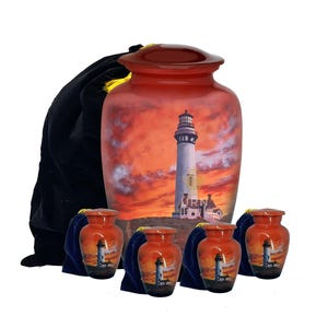 Lighthouse Sunset Cremation Urn for Ashes – Hand-Painted Aluminum Memorial Urn with Velvet Bag – Coastal Tribute Keepsake for Loved Ones&quot;