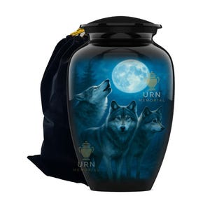 Wolf and Moon Cremation Urn: Rustic Wildlife Memorial, Aluminum