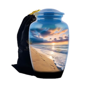 Beach Footprints Cremation Urn – Ocean Sunset Memorial Urn for Human Ashes,Urn with Footprints on Sand – Beach Scene Memorial for Loved Ones