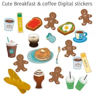 Può includere: Adesivi digitali con illustrazioni di colazione e caffè. L'immagine include omini di pan di zenzero, pancake, toast, tazze di caffè e altri articoli per la colazione. Il testo "Cute Breakfast & coffee Digital stickers" è in alto.
