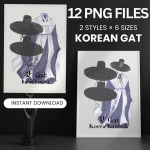 Puede incluir: Dos impresiones enmarcadas con sombreros coreanos Gat y ropa hanbok. Las impresiones son de estilo minimalista con una combinación de colores negro, blanco y azul. El texto en las impresiones dice "12 PNG FILES, 2 STYLES x 6 SIZES, KOREAN GAT" y "INSTANT DOWNLOAD."
