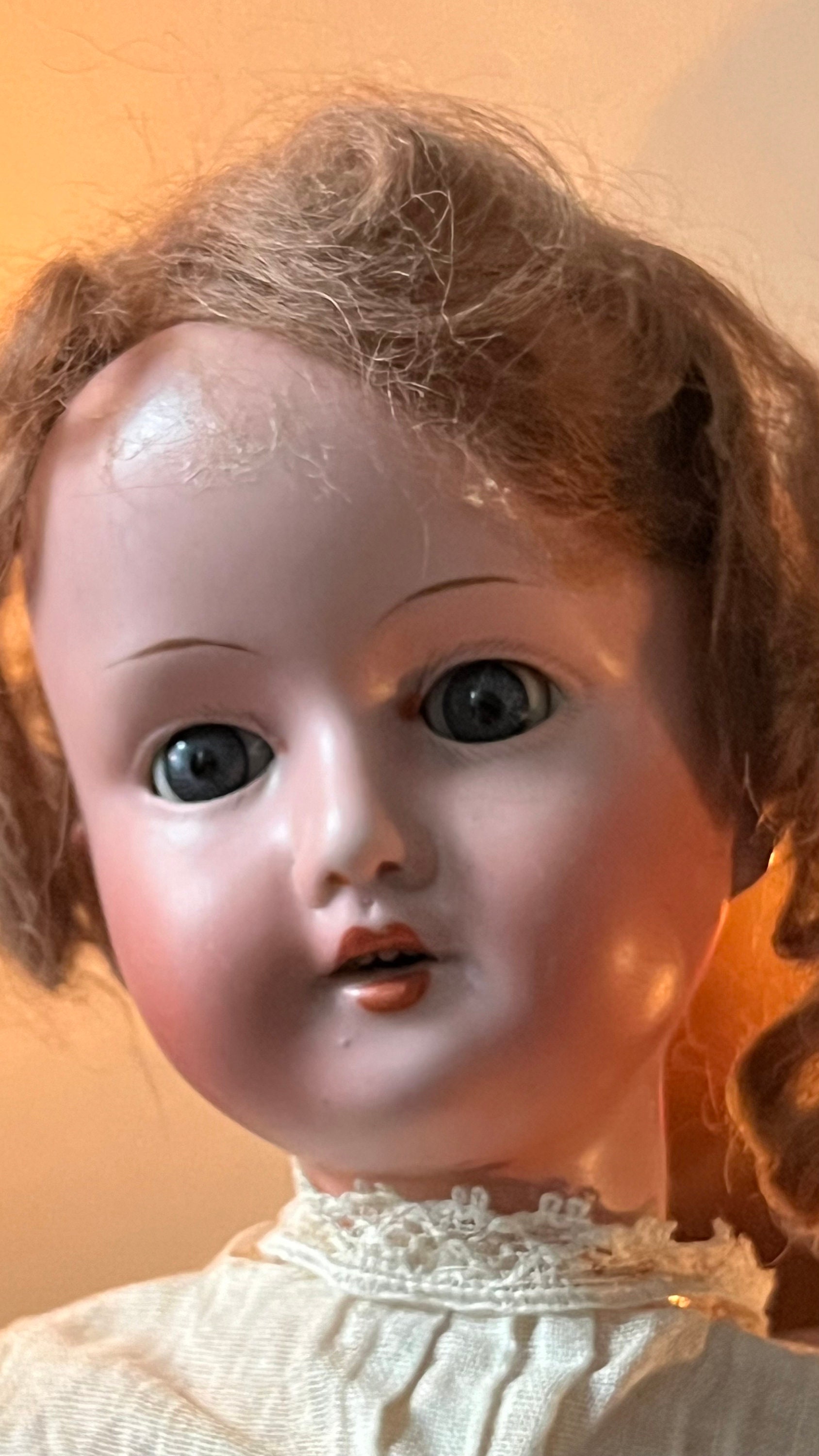1900s Antique 14” German Bisque Head Doll Brunette Wooden