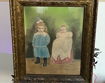 Antique Ghostly Children Photo Pastel Chalk Children Framed Antique Framed Portrait Antique Photograph Victorian Child Photograph